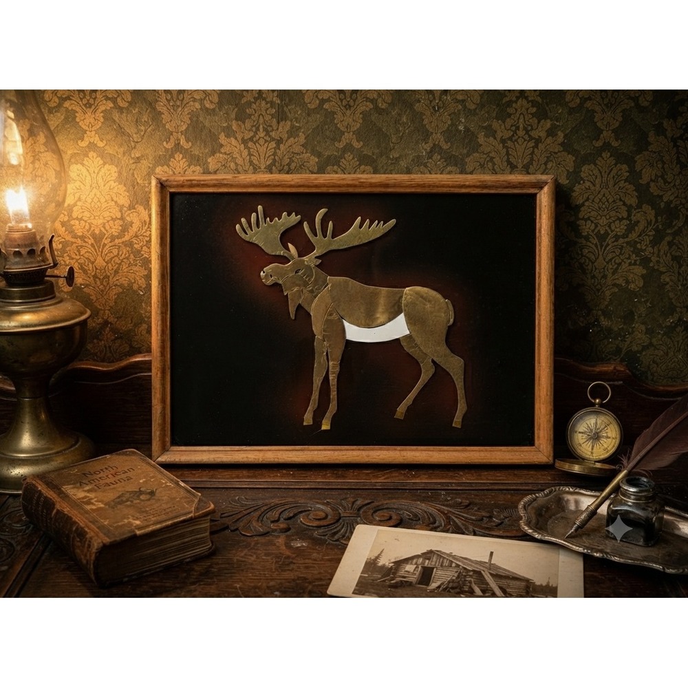 Vintage Handmade Costa Rica Mixed Media Moose Wall Art Foil Metal Cabin Decor